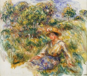 Frau in Blau mit Hut, sitzend auf dem Gras, ca. 1916 von Pierre Auguste Renoir