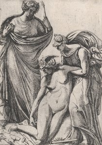 Studie zur Unterstützung der ohnmächtigen Personifikation der Skulptur, stehend daneben, Fran..., 1607-61 von Pierre Biard