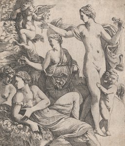 Venus, stehend mit den drei Grazien, wird eine Blume von einem Putto angeboten, 1607-61 von Pierre Biard