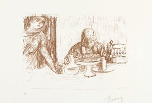 Mann und Frau an gedecktem Tisch mit Schalen und Karaffe von Pierre Bonnard (signed by artist)