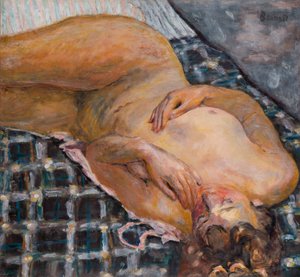 Liegender Akt auf weiß-blauem Karo, ca. 1909 von Pierre Bonnard