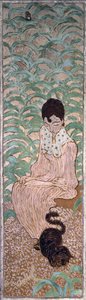 Sitzende Frau mit einer Katze, eines von vier Paneelen der Frauen im Garten, 1891