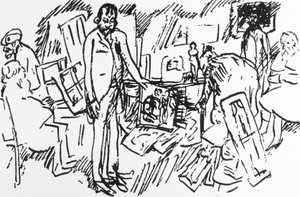 Das Geschäft des Pariser Kunsthändlers Ambroise Vollard in Paris um 1895: Maler Camille Pissarro, Auguste Renoir, Pierre Bonnard und Edgar Degas mit einem Kunden von Pierre Bonnard