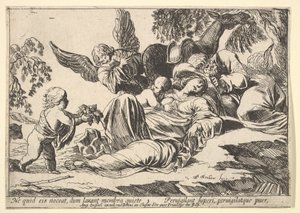 Engel geben der schlafenden Heiligen Familie Früchte von Pierre Brebiette