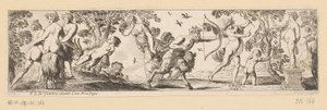 Satyr schießt einen Pfeil auf eine Statue von Bacchus, während Merkur zusieht