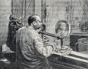 Ein Medailleur benutzt eine Art Pantograph-Fräsmaschine. Gravur aus „Excursion à travers les métiers“ von Pierre Calmette. Private Sammlung von Pierre Calmettes