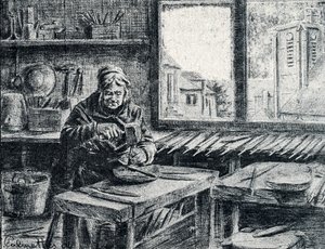 Ein Arbeiter bei der Feilenherstellung. Gravur von Pierre Calmette. Private Sammlung von Pierre Calmettes