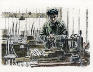 Ein Elfenbeinarbeiter schnitzt Elefantenstoßzähne in seiner Werkstatt, Gravur aus „Excursion à travers les métiers“ von Pierre Calmette, Privatsammlung von Pierre Calmettes