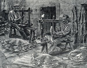 Handwerker, die Schafsfelle entfleischen, Gravur aus „Excursion à travers les métiers“ von Pierre Calmette, Privatsammlung von Pierre Calmettes