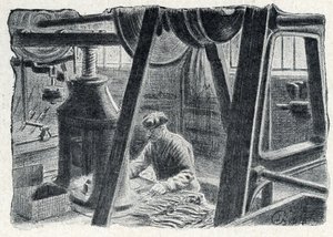 Besteckprägung mit einer Mühle, Gravur aus „Excursion à travers les métiers“ von Pierre Calmette, Privatsammlung von Pierre Calmettes