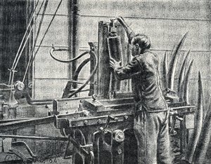 Elfenbeinschnitzer schneidet Elefantenstoßzähne, Gravur aus "Exkursion durch die Berufe" von Pierre Calmette, Privatsammlung