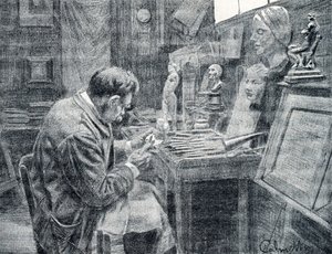 Elfenbeinarbeiter schnitzt Elfenbein mit Meißeln, Schabern und Hohlbeiteln, Gravur aus „Excursion à travers les métiers“ von Pierre Calmette, Privatsammlung von Pierre Calmettes