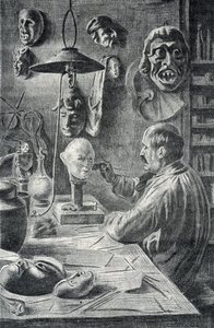 Herstellung von Theater- und Verkleidungsmasken, Gravur aus „Excursion à travers les métiers“ von Pierre Calmette, Privatsammlung von Pierre Calmettes