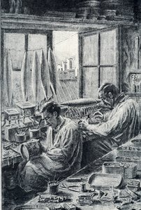 Pariser Arbeiter bei der Spielzeugherstellung. Gravur von Pierre Calmette. Private Sammlung