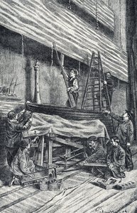 Requisiteure: Bühnenbilder vor der Aufführung aufstellen. Gravur aus „Excursion à travers les métiers“ von Pierre Calmette. Private Sammlung von Pierre Calmettes