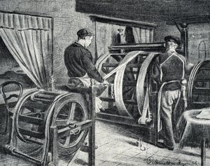 Seidenarbeit: das Abrollen der Seide (Gravur aus "Exkursion durch die Berufe" von Pierre Calmette)