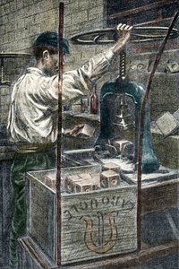 Seifenfabrik: Prägen der Seifenmarke, Gravur aus „Excursion à travers les métiers“ von Pierre Calmette, Privatsammlung von Pierre Calmettes