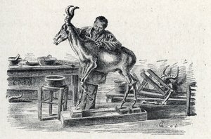 Präparation: Ein Präparator stopft ein Hartebeest in seiner Werkstatt, Gravur aus "Exkursion durch die Berufe" von Pierre Calmette, Privatsammlung von Pierre Calmettes