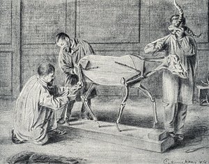 Präparation: Präparatoren bereiten das künstliche Skelett in der Werkstatt vor, Gravur aus "Exkursion durch die Berufe" von Pierre Calmette, Privatsammlung von Pierre Calmettes