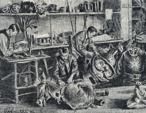 Werkstatt für Theater- und Showzubehörproduktion, Gravur von Pierre Calmette, Privatsammlung von Pierre Calmettes