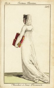 Frau in weißem Kleid mit Schleier über halbem Haar, Paris von Pierre Charles Baquoy
