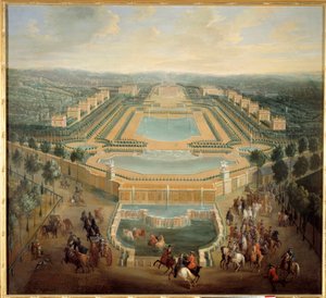 Perspektivische Ansicht des Schlosses von Marly, König Ludwig XV. verlässt das Schloss von Pierre Denis Martin