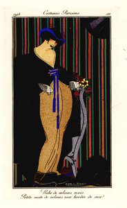 Frau in Kleid aus maisgelbem Samt mit schwarzer Weste von Pierre E. Legrain