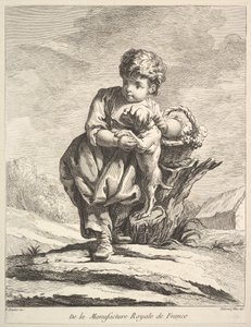 Kind mit einem Hund, hält einen Korb mit Trauben, aus Premier Livre de Figures daprès les po..., 1757 von Pierre Etienne Falconet