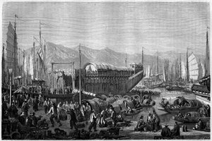Boot des Fleurs, ein Restaurant und Vergnügungsort im Hafen von Shanghai, 1860, China. Gravur von Grandsire, in "Le Tour du Monde, Nouveau journal des Voyages", herausgegeben von Edouard Charton, Paris