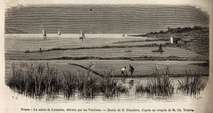 Die Saline von Lusandra, in der Nähe von Triest, zerstört von den Venezianern, die sie als gefährliche Konkurrenz zum Monopol betrachteten, das sie in der Adria ausübten, Gravur von E. Grandsire zur Illustration der Reise nach Istrien und Dalmatien 1874 vo