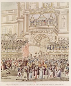 Der Kaiser und die Kaiserin empfangen die Huldigung der französischen Truppen vom Balkon der Tuilerien anlässlich ihrer Hochzeit, graviert von Charles Pierre Joseph Normand (1765-1840)