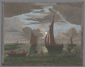 Gezicht op een kust met schepen en boten op het water bij maanlicht von Pierre François Basan