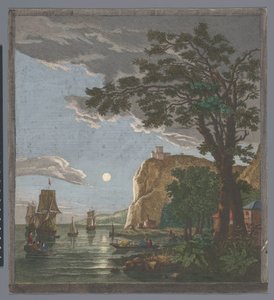 Ansicht einer Küste mit Schiffen und Booten auf dem Wasser bei Mondlicht von Pierre François Basan