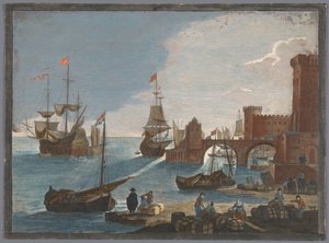 Ansicht eines Seehafens mit Schiffen und Booten auf dem Wasser