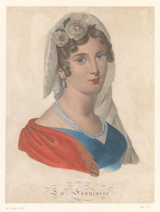 Französische Frau mit Ohrring mit blauem Edelstein, weißem Schleier und Rosen im Haar von Pierre François Isidore Dècle