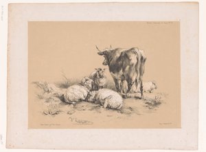 Studien von vier Schafen und einer Kuh von Pierre Frédéric Lehnert