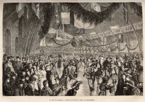 Der Montrealer Schlittschuhläuferclub, bei einem Treffen für einen Kostümschlittschuhabend, graviert nach einer Zeichnung von P. Fritel, zur Illustration des Ausflugs nach Kanada und der Riviere Rouge du nord, von H. De Lamotte, 1873, veröffentlicht in „Le von Pierre Fritel