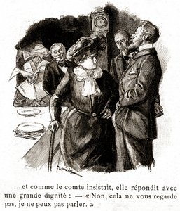 "Boule de Suif": Elisabeth Rousset weigert sich, dem Grafen zu antworten, Anfang 20. Jahrhundert (Illustration) von Pierre Georges Jeanniot
