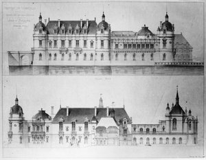 Entwurf für den Wiederaufbau der Nordfassade und der Fassade des Petit Château des Château de Chantilly, 1875