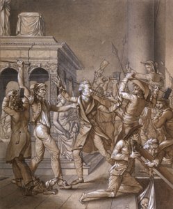 Alexandre Lenoir widersetzt sich den Revolutionären, als sie das Grab des französischen Königs Ludwig XII. in der königlichen Basilika Saint Denis 1793 zerstören wollen, zur Zeit der Französischen Revolution von Pierre Joseph Lafontaine