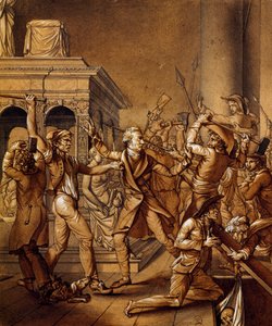 Alexandre Lenoir widersetzt sich der Zerstörung des Grabes von Ludwig XII. in Saint Denis, historische Skizze von Pierre Joseph Lafontaine