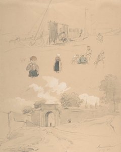 Studienblatt mit Figuren und Landschaften bei Arnemuiden in der Nähe von Middelburg..., Mitte des 19. Jahrhunderts