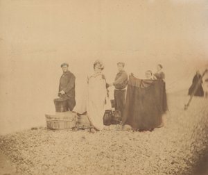 [Die Gräfin mit Gruppe an einem felsigen Strand]