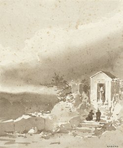 Zwei kniende Personen auf der Treppe vor einer Kapelle in den Bergen von Pierre Luc Charles Ciceri
