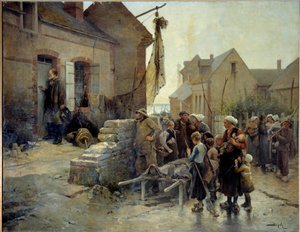 Rückkehr vom Sturm. Ein Seemann klopft an die Tür einer Frau eines Fischers, der im Sturm gestorben ist, um ihr die Nachricht zu überbringen