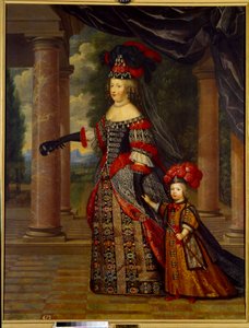 Porträt von Marie Therese von Österreich, Königin von Frankreich (1638 - 1683) und dem Großen Delfin. Gemälde von Pierre Mignard (1612-1695)