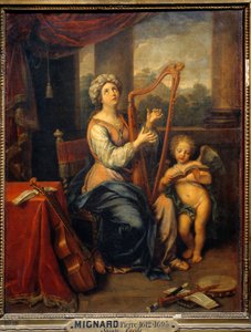 Die heilige Cäcilia singt das Lob des Herrn. Die Heilige spielt Harfe und ist von Instrumenten umgeben. Gemälde von Pierre Mignard (1612-1695) 1691 von Pierre Mignard