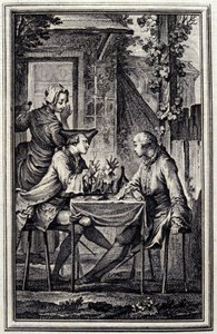 Der Uhrmacher oder der Muschelreparierer. In „Tales et nouvelles en vers“ von Jean de La Fontaine, Amsterdam 1776. illustriert von P.P. Choffard