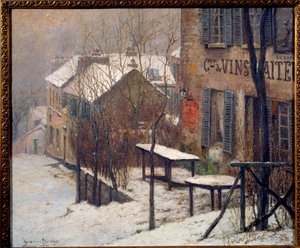 Das Kabarett im agilen Kaninchen in Montmartre im Jahr 1890. Blick auf Paris im Schnee im Winter. Gemälde von Pierre Prins (1838-1913) von Pierre Prins