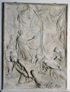 Flachrelief der Pest von Mailand - Heiliger Karl Borromäus (San Carlo Borromeo) (1538-1584, Kardinal und Erzbischof von Mailand) beim Beten (Marmor) von Pierre Puget